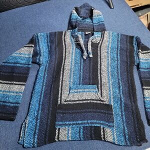 IMPORTS Baja Hoodie Pullover Striped Blue Black Gray Large Hooded Poncho Hippie